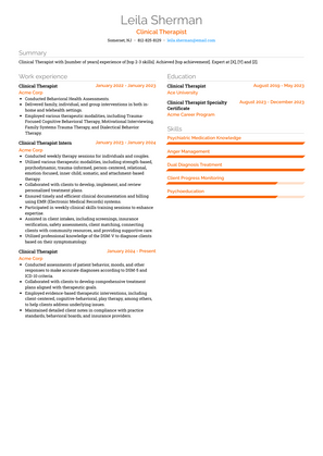 Clinical Therapist Resume Sample and Template