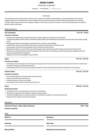 Promotions Coordinator Resume Sample and Template