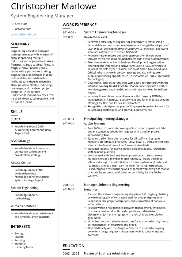engineering management resume examples