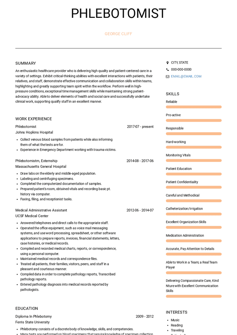 Phlebotomist Resume Sample and Template