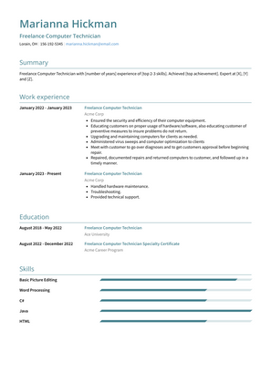 Freelance Computer Technician Resume Sample and Template