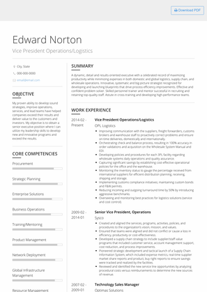 Vice President Operations/Logistics Resume Sample and Template