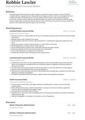 Licensed Health Insurance Broker Resume Sample and Template