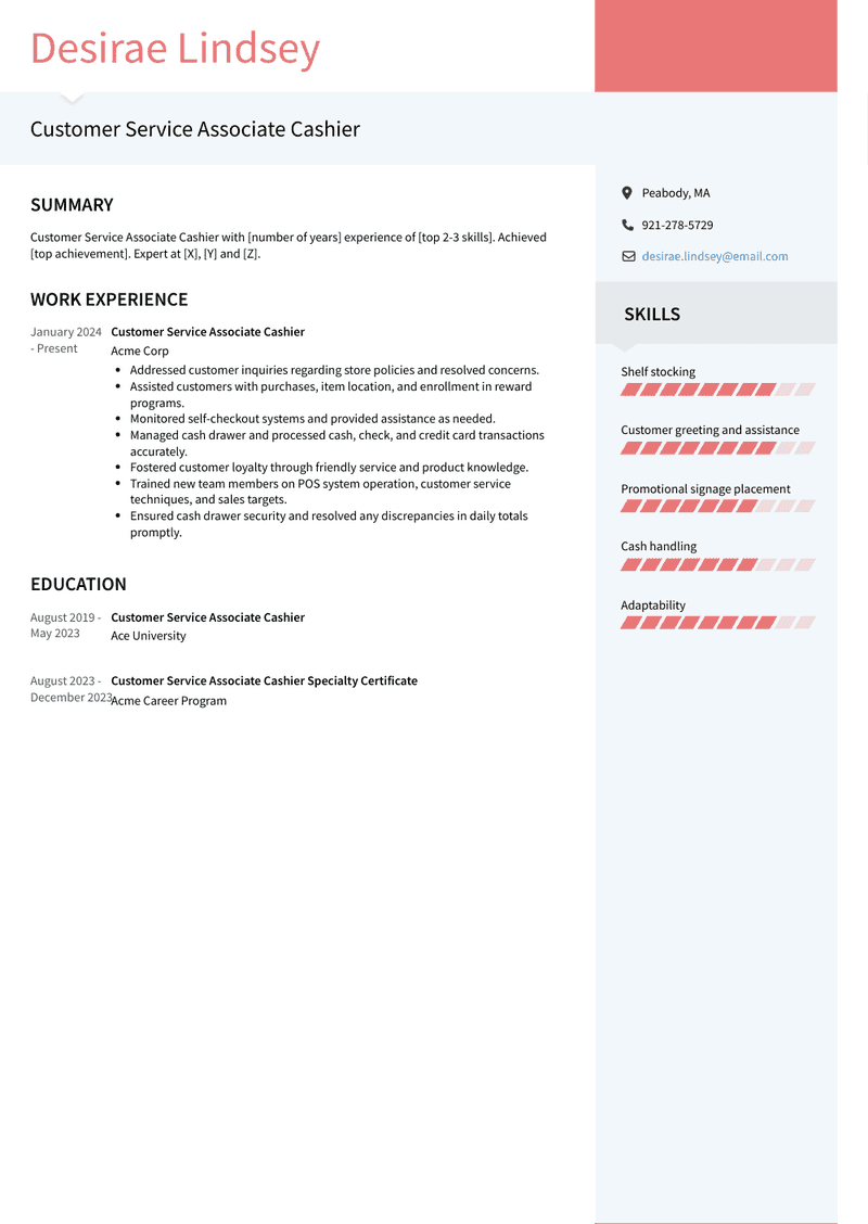 Customer Service Associate Cashier Resume Sample and Template
