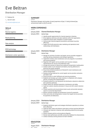 Distribution Manager Resume Sample and Template