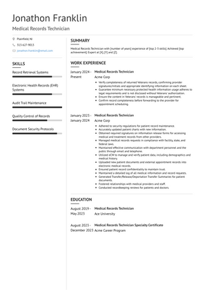 Medical Records Technician Resume Sample and Template