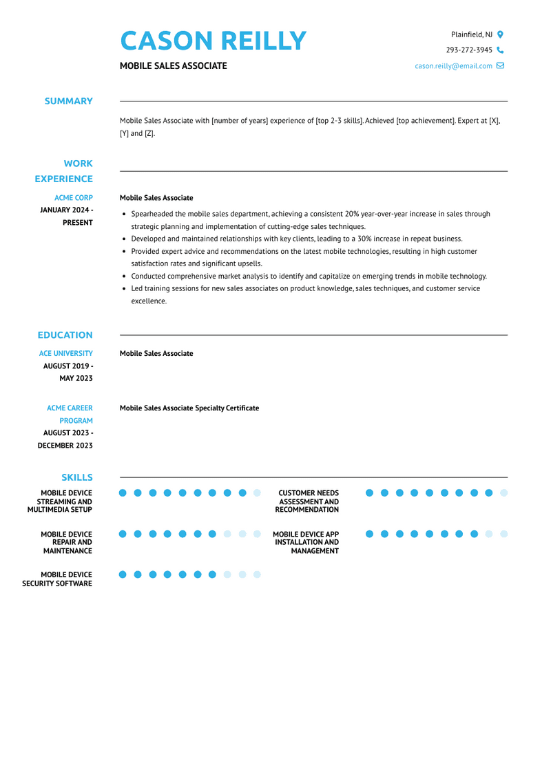 Mobile Sales Associate Resume Sample and Template