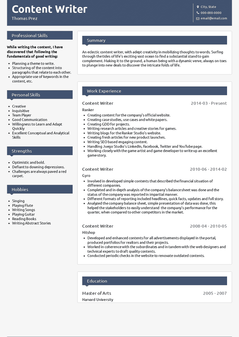 Content Writer Resume Sample and Template