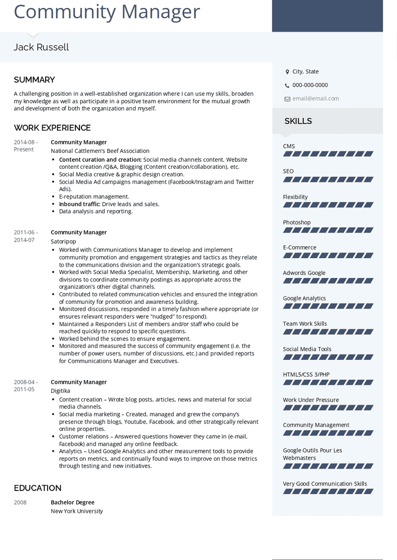 Community Manager Resume Sample and Template