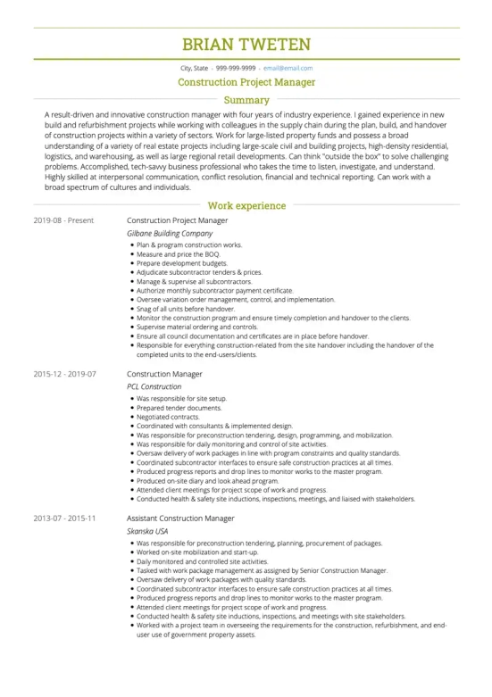 Construction Project Manager Resume Objective Examples