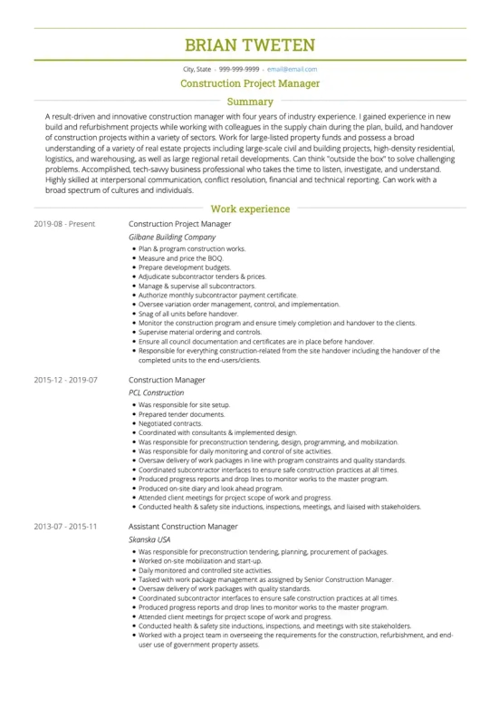 Construction Resume Objective Examples