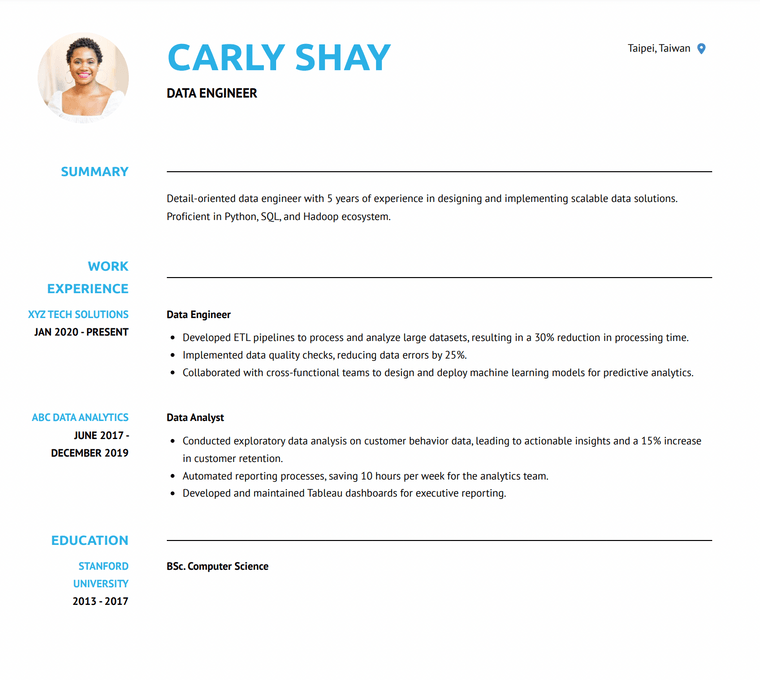Taiwan Resume Example - Data Engineer