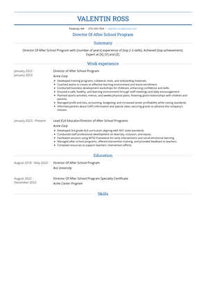 Director Of After School Program Resume Sample and Template