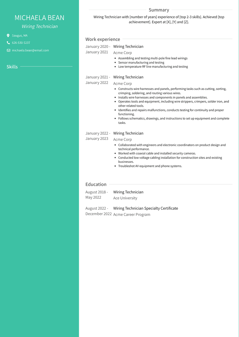 Wiring Technician Resume Sample and Template