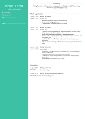Wiring Technician Resume Sample and Template