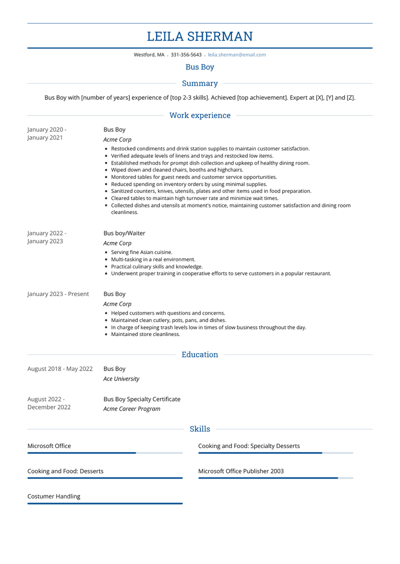 Bus Boy Resume Sample and Template