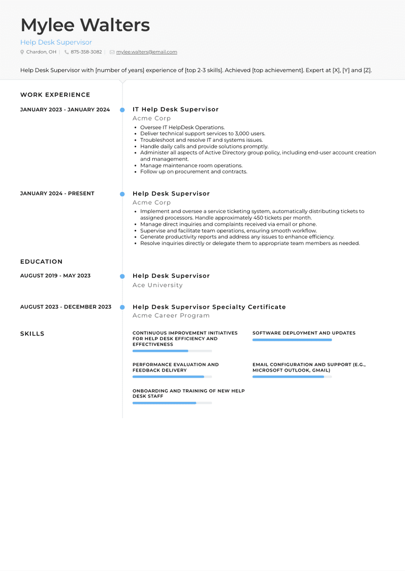 Help Desk Supervisor Resume Sample and Template