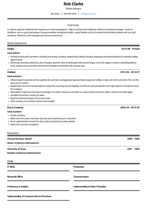 Sales Advisor Resume Sample and Template