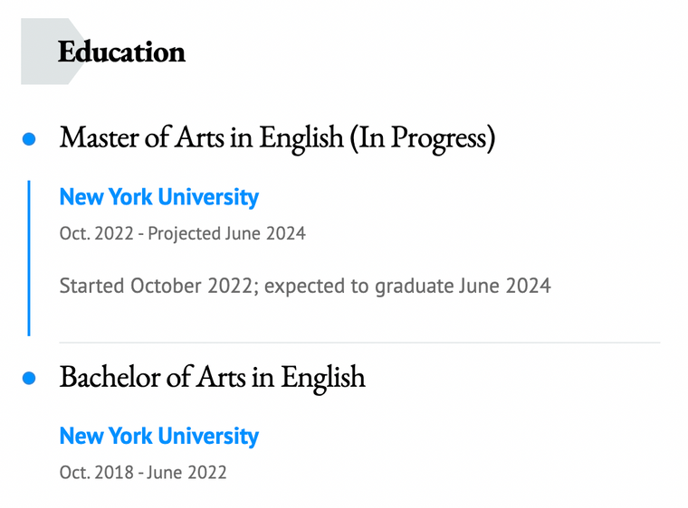 Multiple degrees education format in resume examples