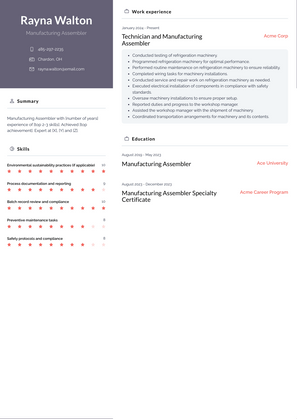 Manufacturing Assembler Resume Sample and Template