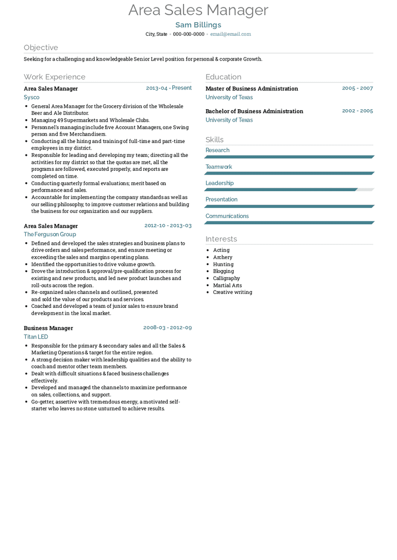 Area Sales Manager Resume Sample and Template