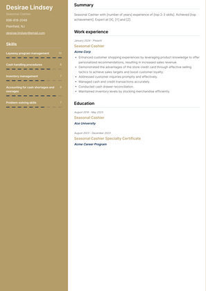 Seasonal Cashier Resume Sample and Template