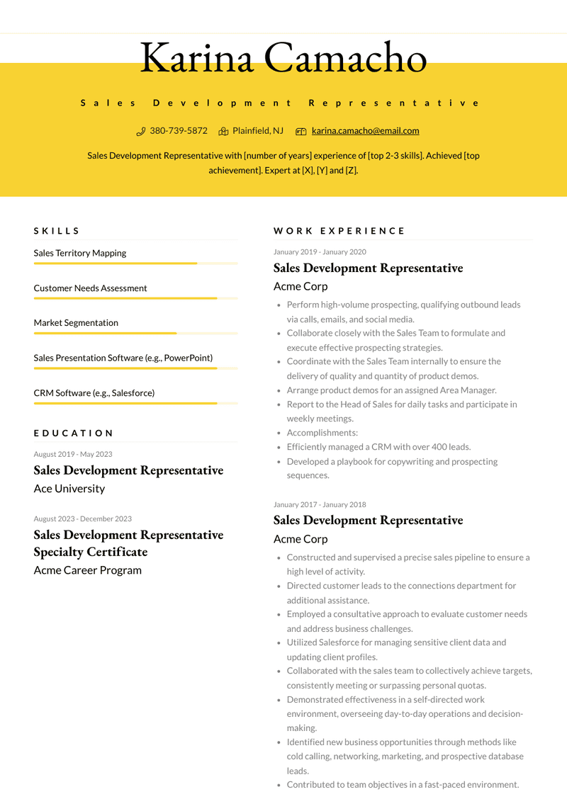 Sales Development Representative Resume Sample and Template