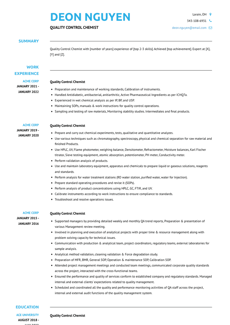 Quality Control Chemist Resume Sample and Template