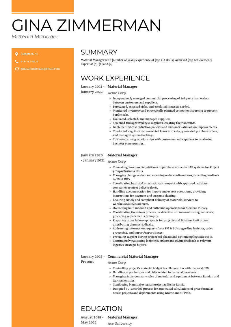 Material Manager Resume Sample and Template