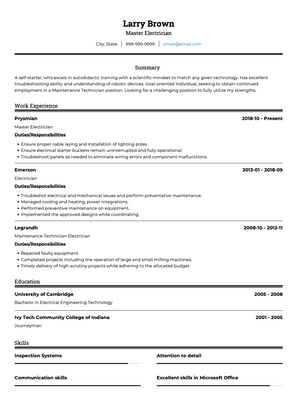 Master Electrician CV Example and Template