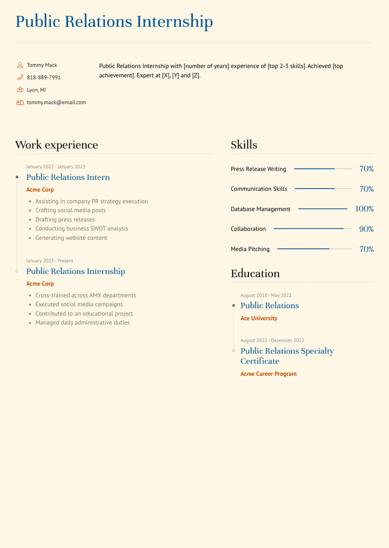 Public Relations Internship Resume Sample and Template
