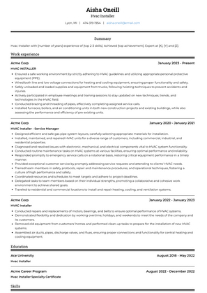 Hvac Installer Resume Sample and Template