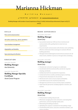 Building Manager Resume Sample and Template