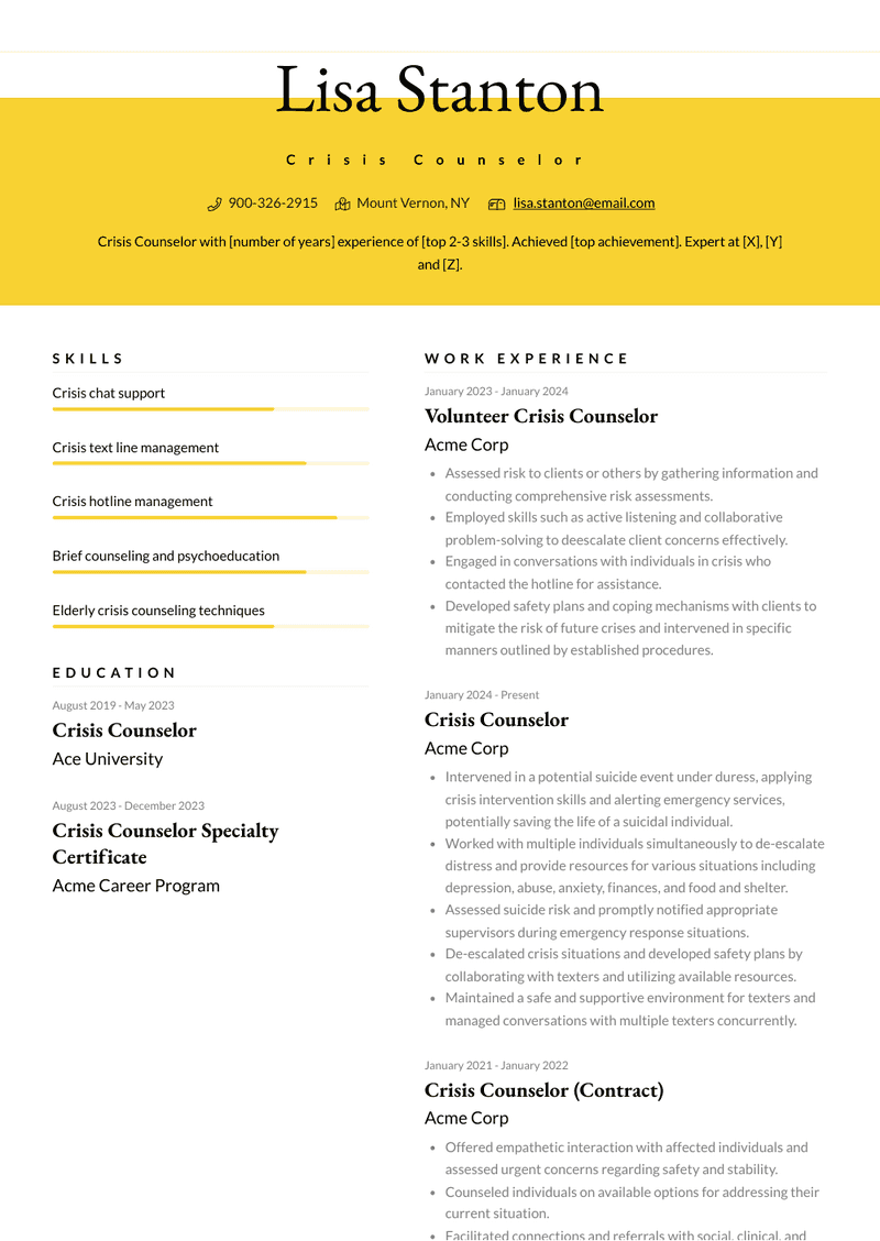 Crisis Counselor Resume Sample and Template