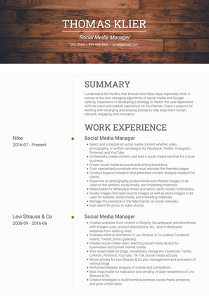 Social Media Manager CV Example and Template