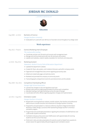 Events & Marketing Intern/Employee Resume Sample and Template