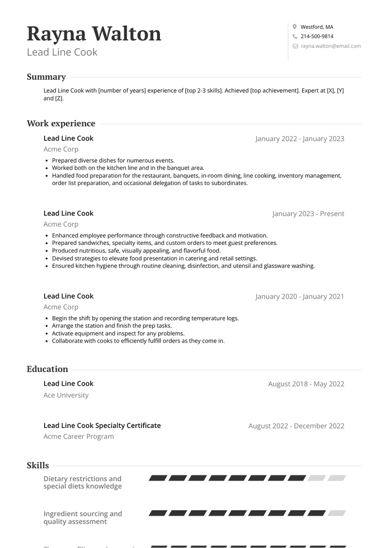 Lead Line Cook Resume Sample and Template