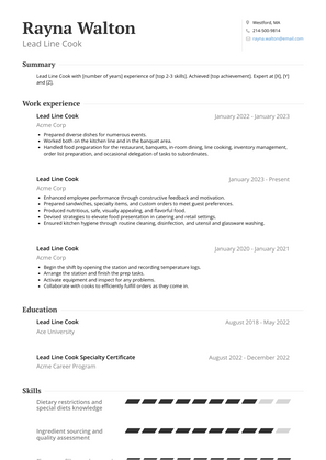 Lead Line Cook Resume Sample and Template