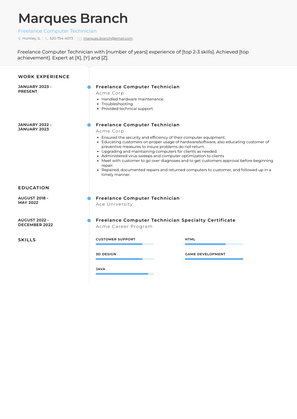 Freelance Computer Technician Resume Sample and Template