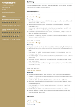 Food Service Manager Resume Sample and Template