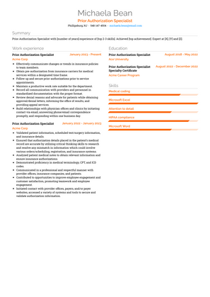 Prior Authorization Specialist Resume Sample and Template