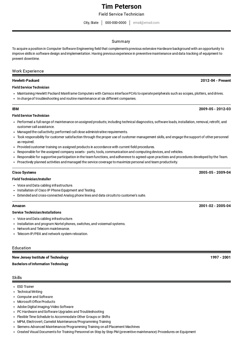 Field Service Technician Resume Sample and Template