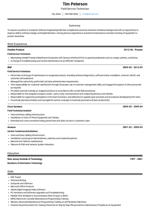 Field Service Technician Resume Sample and Template