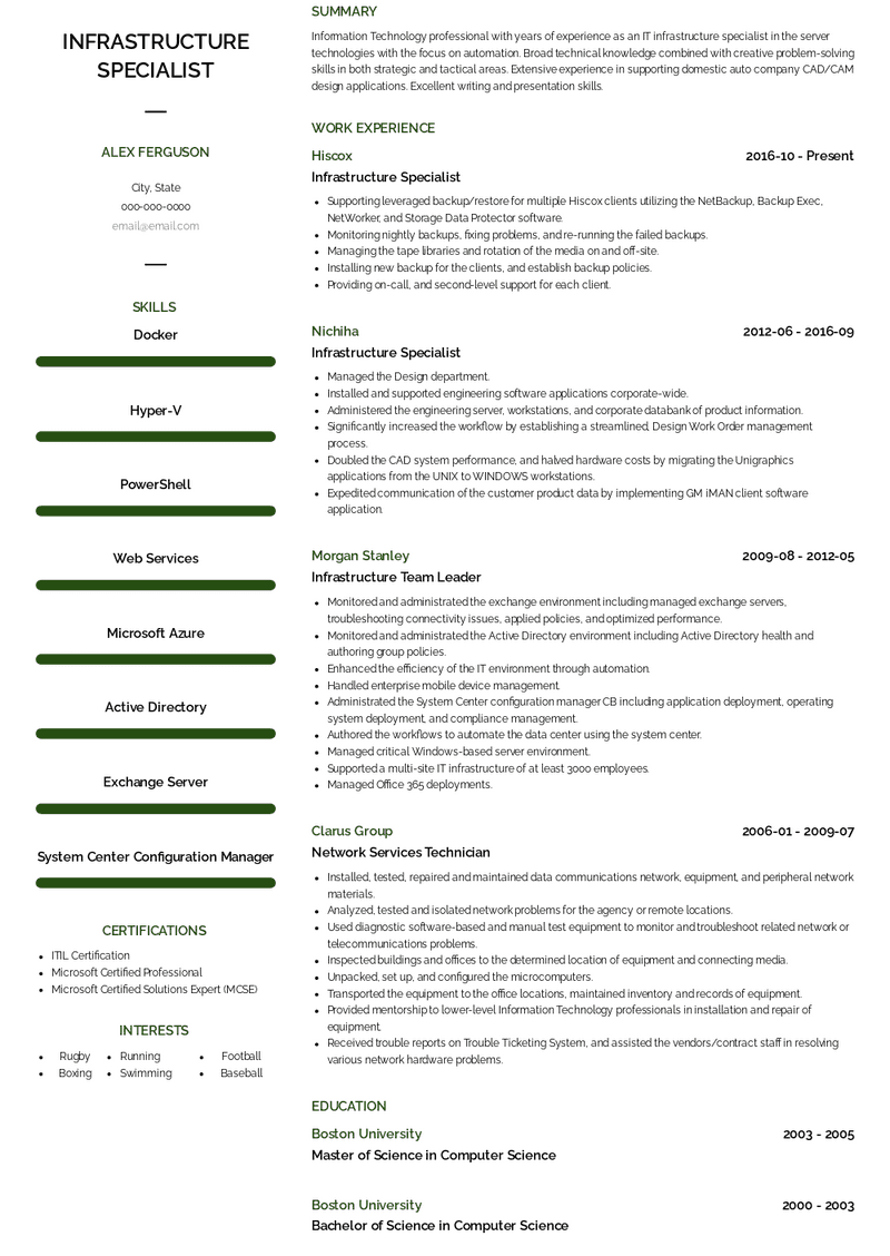 Infrastructure Specialist Resume Sample and Template