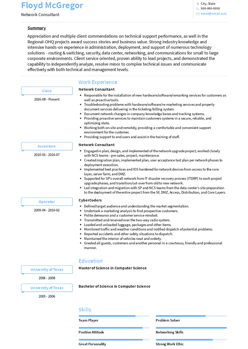 Network Consultant Resume Sample and Template