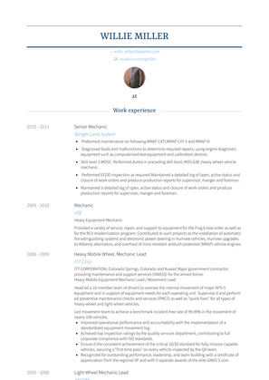 Senior Mechanic Resume Sample and Template