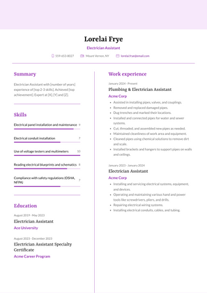 Electrician Assistant Resume Sample and Template