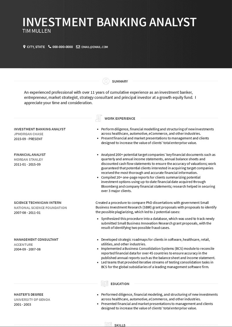 Investment Banking Analyst Resume Sample and Template