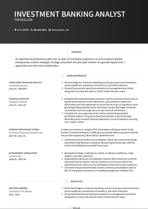 Investment Banking Analyst Resume Sample and Template