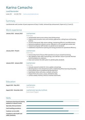 Lead Bartender Resume Sample and Template